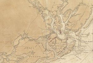 A sketch of the environs of Charleston in South Carolina (détails) Dessin de Charles Sproule (1780). 