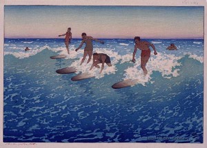 Surf-Riders, Honolulu. Xylographie couleur de Charles W. Bartlett (1919) Source : Honolulu Academy of Arts