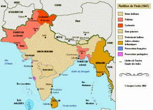 Géographie politique dees Indes au moment de la partition. Source : TLFQ - Jacques Leclerc (2012)
