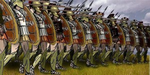 Dessin reconstituant une phalange de hoplites. Source : Wikimedia Commons