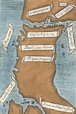 Première carte du détroit de Magellan par Antonio Pigafetta (1525) Source : Carlo Amoretti (1800) 