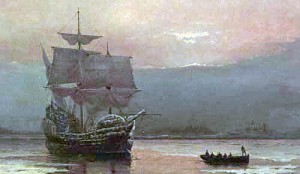 Le Mayflower dans le port de Plymouth Huile de William Halsall (1882) Source : Pilgrim Hall Museum