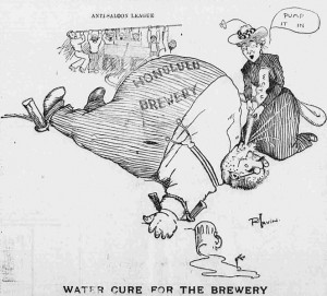 Cure d'eau pour les brasseries Caricature de R. Irvin Source : The Hawaiian Gazette (1902)