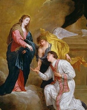 Saint Valentin à genoux devant la Vierge Huile sur toile de David Teniers l'Ancien (XVIIe siècle) Source : Wikimedia Commons