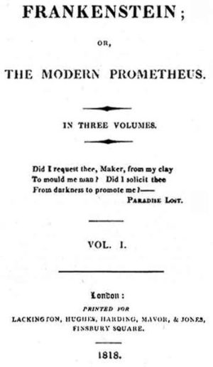 Page titre de la première édition de Frankenstein Londres, Lackington, Hughes, Harding, Mavor & Jones, 1818