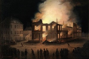 L'incendie du Parlement à Montréal Huile sur bois attribuée à Joseph Légaré (ca1849) Source : Wikimedia Commons