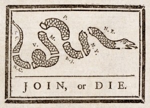 Join or Die Caricature publiée par Benjamin Franklin (1754) Source : Philadepphie press