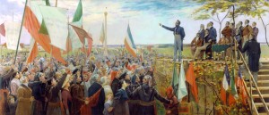 Manifestation des Canadiens contre le gouvernement anglais, à Saint-Charles, en 1837 Huile sur toile de Charles Alexander Smith (1890) Source : MNBAQ