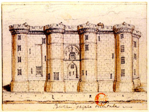 Bastille. Façade orientale Reproduction d'un dessin anonyme daté de ca1790-1791 et conservé à la Bibliothèque nationale de France (s.d.) Source : Wikimedia commons