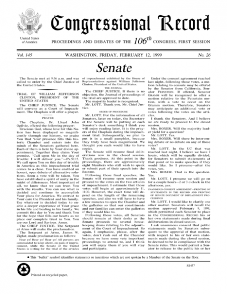 106e Congrès. Congressionnal Records, vol 145, no.66 (12 février 1999)