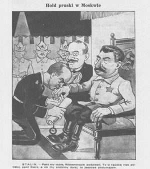 Caricature du pacte Ribbentrop-Molotov publiée dans l'hebdomadaire polonais Mucha le 8 septembre 1939