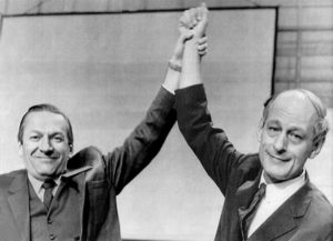 Gilles Grégoire, chef du RN, et René Lévesque, leader du MSA Source : Le Soleil, 15 octobre 1968