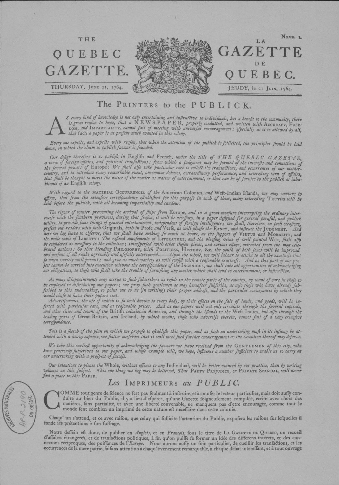 21 juin 1764  Publication de La Gazette de Québec