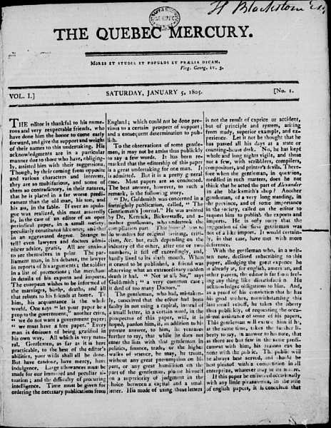 5 janvier 1805  Première parution du Quebec Mercury
