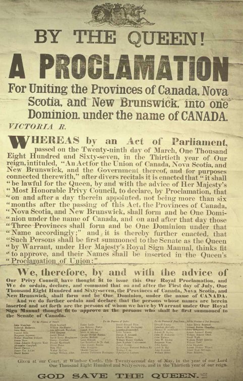 1er juillet 1867Entrée en vigueur de l&rsquo;Acte de l&rsquo;Amérique du Nord britannique